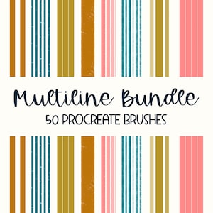 May include: A set of 50 Procreate brushes for digital art, featuring a variety of multi-line patterns in teal, gold, pink, and white.