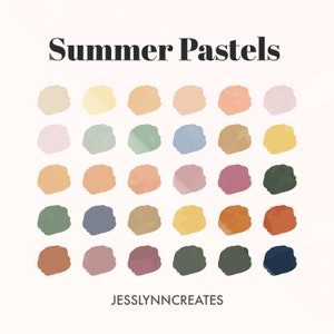 May include: A color palette of 25 pastel shades in a grid pattern. The colors include light peach, light blue, light green, light yellow, light pink, and more. The text "Summer Pastels" is at the top of the image and the text "JESSLYNNCREATES" is at the bottom of the image.