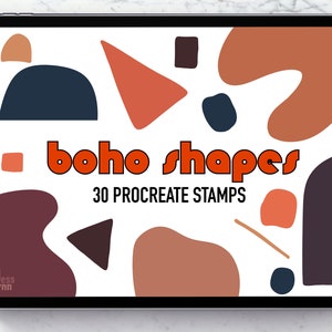 May include: A digital illustration of 30 boho shapes in various colours, including brown, orange, and blue. The shapes are arranged in a random pattern on a white background. The text "boho shapes" and "30 Procreate Stamps" is displayed in the centre of the image.