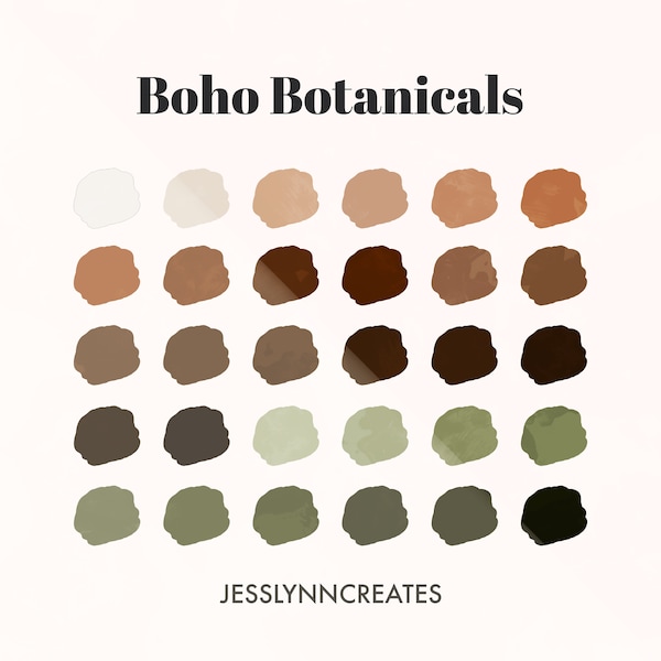 Boho Botanicals Procreate Colour Palette, 30 Colors, Procreate Palettes, Sage Green Earthy Brown Burnt Orange Hues, Instant Digital Download