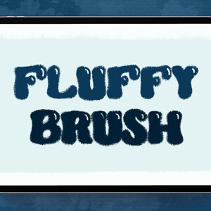 May include: A digital illustration of the words "FLUFFY BRUSH" in a blue, fuzzy, bubble-like font on a light blue background.
