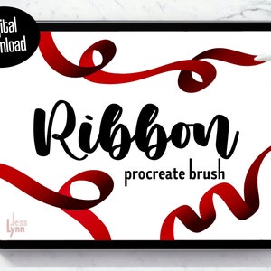 May include: A digital download for a Procreate brush that creates a ribbon effect. The brush is shown on a tablet screen with red ribbon designs. The text "Ribbon Procreate brush" is displayed on the screen.