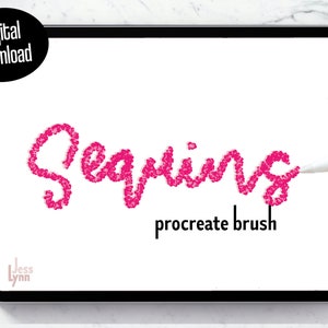 May include: A digital download for a Procreate brush called "Seaming" that creates a pink, textured, floral-like effect. The brush is shown being used to write the word "Seaming" on a digital tablet.