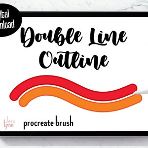 Puede incluir: Descarga digital de un pincel de Procreate para crear un efecto de contorno de doble línea. El pincel crea una línea curva con dos colores, rojo y naranja.