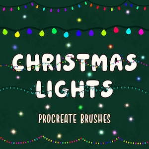 May include: A digital illustration of Christmas lights with the text "Christmas Lights" and "Procreate Brushes". The lights are colorful and strung on a black wire. The background is a dark green.