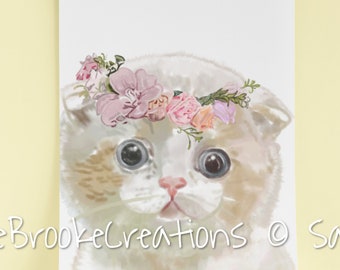 kitten imprimible- gatito esponjoso imprimible- impresión de gatito blanco- impresión de gato blanco- gato imprimible -gato regalo- gato lady regalo -diadema de flores