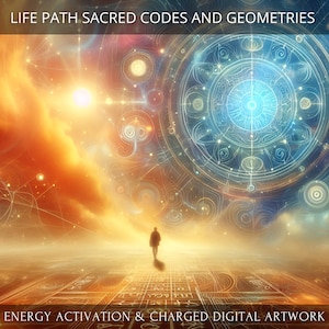 Può includere: Un'opera d'arte digitale che raffigura una persona che cammina verso un grande e intricato disegno geometrico nel cielo. Il disegno è circondato da una nebulosa vorticosa e colorata. Il testo "LIFE PATH SACRED CODES AND GEOMETRIES" appare nella parte superiore dell'immagine, e il testo "ENERGY ACTIVATION & CHARGED DIGITAL ARTWORK" appare nella parte inferiore.