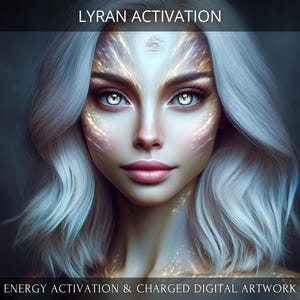 May include: A digital artwork featuring a woman with white hair and glowing gold accents on her face. The image has the text "LYRAN ACTIVATION" at the top and "ENERGY ACTIVATION & CHARGED DIGITAL ARTWORK" at the bottom.