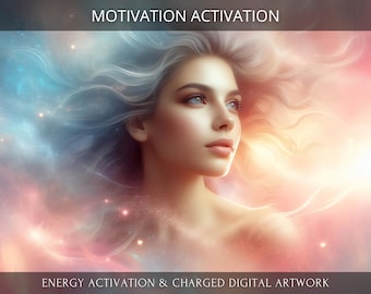 Puede incluir: Una ilustración digital de una mujer con cabello largo y blanco que fluye. Está rodeada por una nebulosa giratoria de rosa, azul y blanco. El texto "MOTIVATION ACTIVATION" está en la parte superior de la imagen, y el texto "ENERGY ACTIVATION & CHARGED DIGITAL ARTWORK" está en la parte inferior.