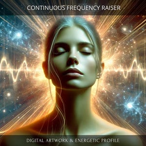 May include: Digital artwork featuring a woman with closed eyes, radiating energy. The image has a cosmic background with bright light streaks and a waveform pattern. Text at the top reads "CONTINUOUS FREQUENCY RAISER" and at the bottom "DIGITAL ARTWORK & ENERGETIC PROFILE."