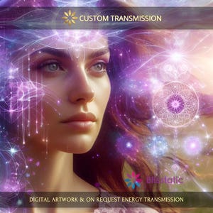 Può includere: Opera d'arte digitale raffigurante un ritratto di donna a tema cosmico. L'immagine ha una tavolozza di colori viola, rosa e blu, con il testo "CUSTOM TRANSMISSION" e "DIGITAL ARTWORK & ON REQUEST ENERGY TRANSMISSION". L'opera d'arte ha un'atmosfera spirituale ed eterea.