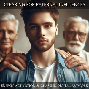 May include: A young man with brown hair and a beard is standing between two older men. The men are all smiling and looking at the camera. The young man is wearing a blue shirt and the older men are wearing beige shirts. The text "CLEARING FOR PATERNAL INFLUENCES" is at the top of the image and the text "ENERGY ACTIVATION & CHARGED DIGITAL ARTWORK" is at the bottom of the image.