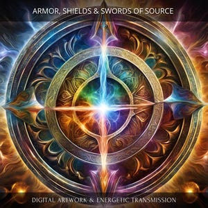 May include: Digital artwork featuring a detailed, ornate shield with a central cross design. The shield is primarily bronze and gold, with accents of blue, green, and orange. The text "ARMOR, SHIELDS & SWORDS OF SOURCE" and "DIGITAL ARTWORK & ENERGETIC TRANSMISSION" are visible.