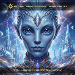 Puede incluir: Una obra de arte digital titulada ARCTURIAN DORMANT BLUEPRINT ILLUMINATION PACKAGE que muestra a un humanoide de piel azul con grandes ojos azules, con un tocado y cuello ornamentados, sobre un fondo de agujas de cristal y planetas.