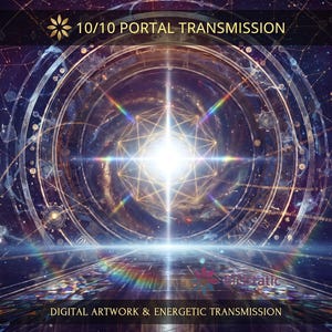 Könnte beinhalten: Digitales Kunstwerk mit dem Titel 10/10 PORTAL TRANSMISSION, das einen zentralen leuchtenden Stern mit geometrischen Linien zeigt, umgeben von konzentrischen Ringen und einem dunkelvioletten kosmischen Hintergrund mit Sternbildern und Binärcode.