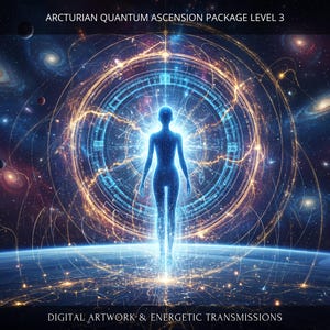 Puede incluir: Obra de arte digital que representa una figura humana silueteada en azul frente a un fondo cósmico. La imagen presenta galaxias arremolinadas, planetas y patrones de energía intrincados, con el texto "Arcturian Quantum Ascension Package Level 3".