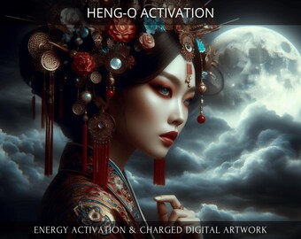 May include: A woman with dark hair and red lipstick wears a traditional Chinese dress with gold and red embellishments. She is standing in front of a full moon and clouds. The text "HENG-O ACTIVATION" is at the top of the image and "ENERGY ACTIVATION & CHARGED DIGITAL ARTWORK" is at the bottom.