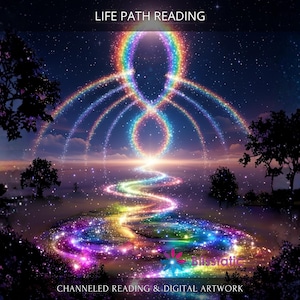 Puede incluir: Obra de arte digital que representa un camino colorido y brillante que conduce a una luz brillante, con el texto "LIFE PATH READING" en la parte superior. La imagen presenta un cielo nocturno con estrellas, árboles y un camino arremolinado de colores del arcoíris. Las palabras "CHANNELED READING & DIGITAL ARTWORK" están en la parte inferior.