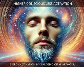 May include: A digital artwork featuring a man's face with closed eyes, surrounded by swirling colors and lights. The image is titled "Higher Consciousness Activation" and includes the text "Energy Activation & Charged Digital Artwork".