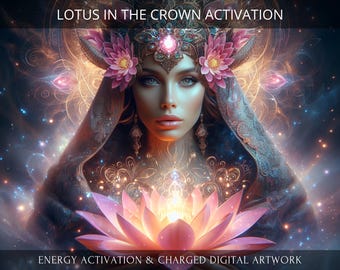 May include: A woman with a crown of flowers and a glowing lotus in her hands. The background is a swirling nebula of stars and light. The text "LOTUS IN THE CROWN ACTIVATION" is at the top of the image. The text "ENERGY ACTIVATION & CHARGED DIGITAL ARTWORK" is at the bottom of the image.