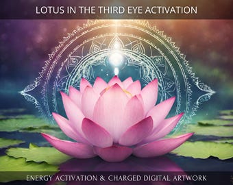 May include: A pink lotus flower with a white mandala design behind it. The lotus is floating on water with green lily pads. The image has a blue and purple background with a golden glow.
