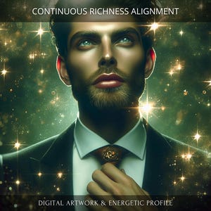 May include: Digital artwork of a man in a suit with a white shirt and patterned tie. The image has a green and gold background with sparkling lights. Text at the top reads "CONTINUOUS RICHNESS ALIGNMENT" and at the bottom "DIGITAL ARTWORK & ENERGETIC PROFILE".