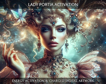 May include: Digital artwork featuring a woman with elaborate gold and teal jewelry and makeup. The image has the text "LADY PORTIA ACTIVATION" and "ENERGY ACTIVATION & CHARGED DIGITAL ARTWORK". The background is a cosmic, ethereal scene.