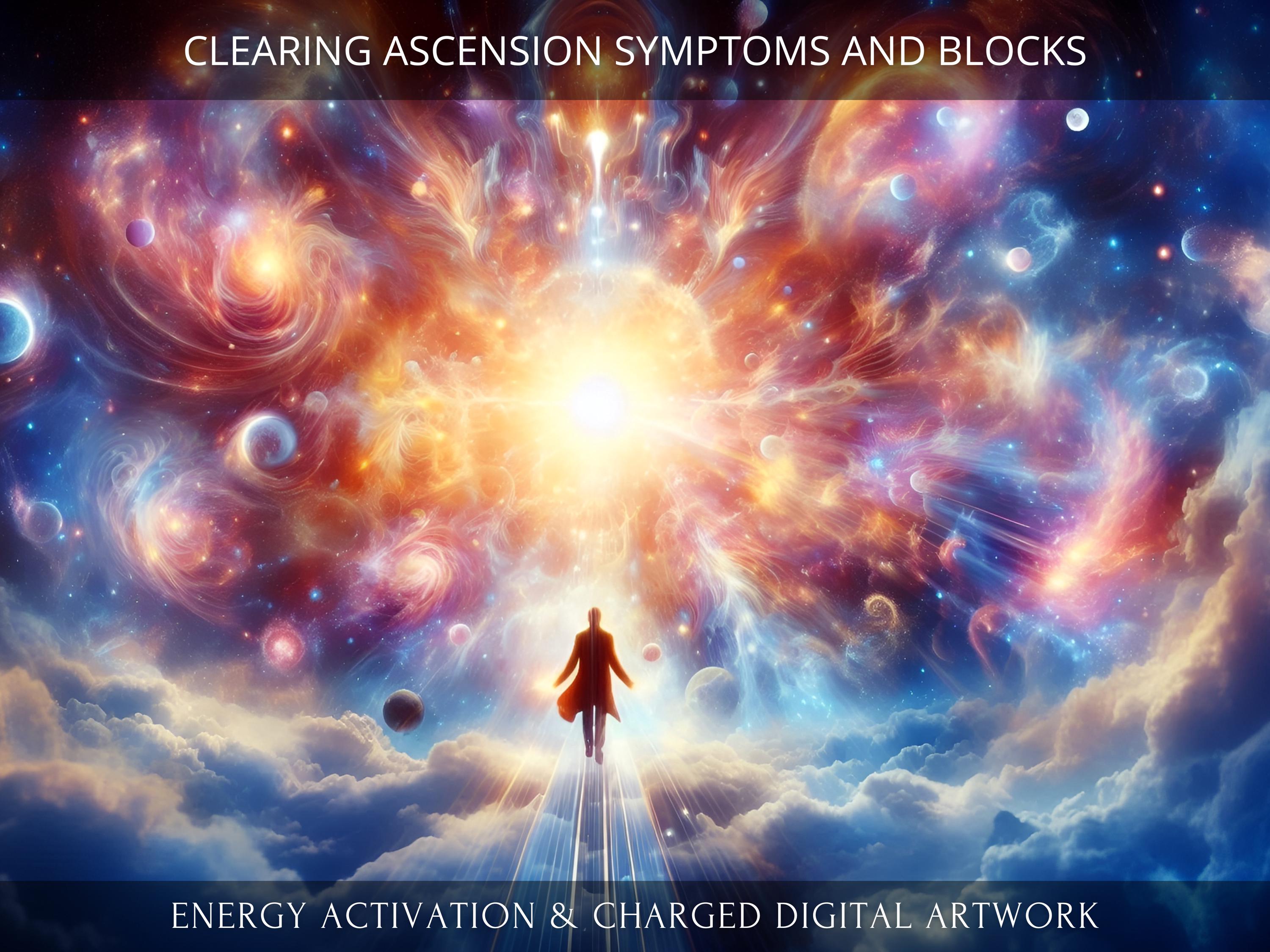 Cosmic figure walking toward bright light in space, representing ascension symptoms and spiritual awakening signs.