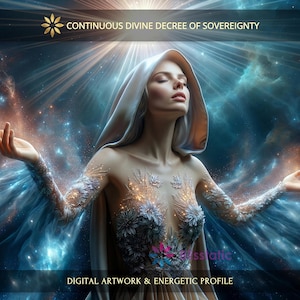 Könnte beinhalten: Digitales Kunstwerk, das eine Frau mit Kapuzenmantel, ausgestreckten Armen und geschlossenen Augen zeigt. Der Hintergrund ist eine kosmische Szene mit blauen und orangen Farbtönen. Der Text lautet "CONTINUOUS DIVINE DECREE OF SOVEREIGNTY" und "DIGITAL ARTWORK & ENERGETIC PROFILE."