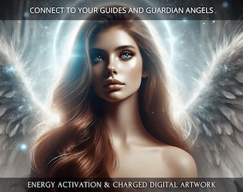 May include: A woman with long, flowing red hair and blue eyes is depicted with large, white angel wings. The image has a soft, ethereal glow and the text "CONNECT TO YOUR GUIDES AND GUARDIAN ANGELS" at the top and "ENERGY ACTIVATION & CHARGED DIGITAL ARTWORK" at the bottom.