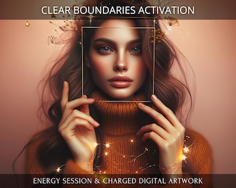 May include: A woman with long brown hair holds a gold square frame. She wears an orange turtleneck sweater and has fairy lights around her wrists. The image has the text "CLEAR BOUNDARIES ACTIVATION" and "ENERGY SESSION & CHARGED DIGITAL ARTWORK".