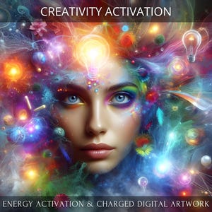 Pode incluir: Uma obra de arte digital colorida que apresenta o rosto de uma mulher rodeado por luzes giratórias e formas abstratas. A mulher tem olhos azuis brilhantes e usa maquiagem colorida. A obra tem uma sensação vibrante e energética, com uma lâmpada brilhando acima de sua cabeça. O texto "CREATIVITY ACTIVATION" está na parte superior da imagem, e o texto "ENERGY ACTIVATION & CHARGED DIGITAL ARTWORK" está na parte inferior.