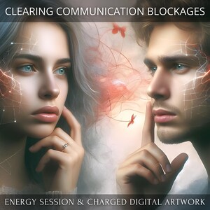 May include: A digital artwork featuring a woman and a man with their faces partially obscured by a web-like pattern. The woman has blue eyes and long blonde hair. The man has blue eyes and short brown hair. The background is a soft, blurred, pink and blue color with red butterflies.