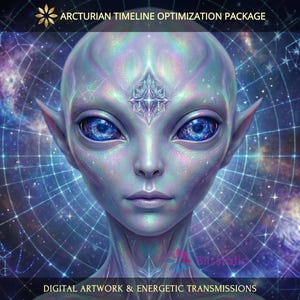 Könnte beinhalten: Digitale Grafik mit dem Titel ARCTURIAN TIMELINE OPTIMIZATION PACKAGE, die eine humanoide Figur mit schillernder Haut, großen blauen Augen und einem geometrischen Symbol auf der Stirn vor einem kosmischen Hintergrund mit Gitter und Sternen zeigt.