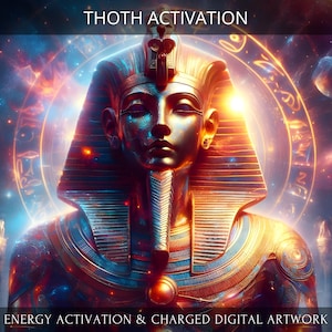 Puede incluir: Una obra de arte digital que representa al dios egipcio Thot con una cabeza dorada y un tocado azul y dorado. El fondo es una escena cósmica con estrellas y planetas. El texto "THOTH ACTIVATION" está en la parte superior de la imagen y "ENERGY ACTIVATION & CHARGED DIGITAL ARTWORK" está en la parte inferior.