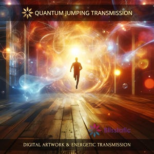 Op de afbeelding: Digitaal kunstwerk getiteld QUANTUM JUMPING TRANSMISSION met het silhouet van een persoon die door een gloeiend oranje en blauw lichtportaal rent. De scène bevat een houten vloer en de tekst BLISSTATIC DIGITAL ARTWORK & ENERGETIC TRANSMISSION.