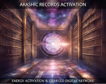 May include: A digital artwork depicting a library with bookshelves lining the walls, a large circular portal at the end of the hallway, and a starry sky ceiling. The text "AKASHIC RECORDS ACTIVATION" is at the top of the image, and the text "ENERGY ACTIVATION & CHARGED DIGITAL ARTWORK" is at the bottom.
