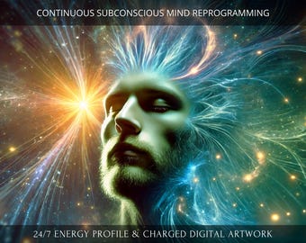 May include: A digital art print featuring a man's face with a beard, surrounded by swirling blue and yellow energy lines. The text "CONTINUOUS SUBCONSCIOUS MIND REPROGRAMMING" is at the top of the image, and the text "24/7 ENERGY PROFILE & CHARGED DIGITAL ARTWORK" is at the bottom.