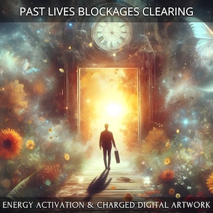 May include: A digital artwork depicting a person walking through a doorway into a bright light. The doorway is surrounded by a swirling galaxy of stars, planets, and butterflies. The text "Past Lives Blockages Clearing" is at the top of the image, and the text "Energy Activation & Charged Digital Artwork" is at the bottom.