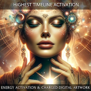 May include: Digital artwork featuring a woman with closed eyes, adorned with celestial-themed headwear and jewelry. The image has a golden, ethereal glow, with the text "HIGHEST TIMELINE ACTIVATION" and "ENERGY ACTIVATION & CHARGED DIGITAL ARTWORK".