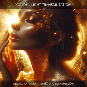 May include: Digital artwork featuring a woman's profile bathed in golden light. The image includes the text "GOLDEN LIGHT TRANSMUTATION" and "DIGITAL ARTWORK & ENERGETIC TRANSMISSION". The artwork has a mystical and ethereal theme.