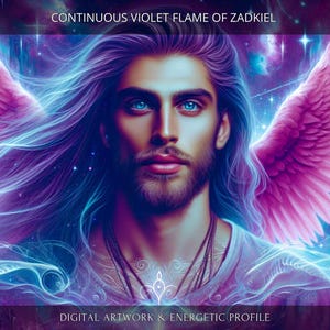 May include: Digital artwork featuring a male figure with long, flowing purple hair and blue eyes. The image includes large, pink wings and the text "CONTINUOUS VIOLET FLAME OF ZADKIEL" and "DIGITAL ARTWORK & ENERGETIC PROFILE". The artwork has a spiritual or fantasy theme.
