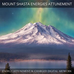 May include: A snowy mountain peak with a green and blue aurora borealis in the sky. The mountain is surrounded by trees and a lake. The text "MOUNT SHASTA ENERGIES ATTUNEMENT" is at the top of the image and the text "ENERGY ATTUNEMENT & CHARGED DIGITAL ARTWORK" is at the bottom of the image.