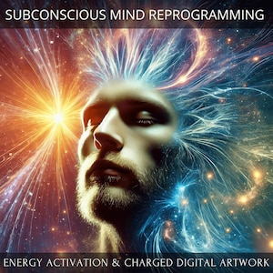 May include: A digital artwork depicting a person's face with a glowing blue and orange energy field radiating from their head. The background is a dark blue space with stars and light streaks. The text "SUBCONSCIOUS MIND REPROGRAMMING" is at the top of the image and "ENERGY ACTIVATION & CHARGED DIGITAL ARTWORK" is at the bottom.