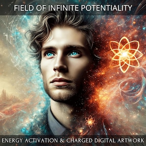 Può includere: Una stampa d'arte digitale che presenta un uomo con occhi azzurri che guarda in alto verso una galassia vorticosa di colori blu, arancio e rosso. Il testo "FIELD OF INFINITE POTENTIALITY" è in cima all'immagine e "ENERGY ACTIVATION & CHARGED DIGITAL ARTWORK" è in fondo.
