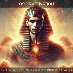 Puede incluir: Obra de arte digital que representa a Osiris, una figura del antiguo Egipto, con una corona dorada y un collar adornado. La imagen incluye el texto "OSIRIS ACTIVATION" y "ENERGY ACTIVATION & CHARGED DIGITAL ARTWORK". La obra tiene un tema celestial.