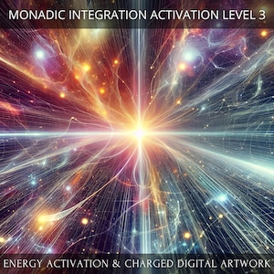 Może przedstawiać: Abstrakcyjne dzieło sztuki cyfrowej z jasnym białym światłem w centrum, otoczone kolorowymi liniami i smugami światła. Tło jest ciemnoniebieskie z odcieniami fioletu i czerwieni. Tekst "MONADIC INTEGRATION ACTIVATION LEVEL 3" znajduje się w górnej części obrazu, a tekst "ENERGY ACTIVATION & CHARGED DIGITAL ARTWORK" znajduje się w dolnej części.