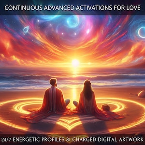 May include: Digital artwork showing two people meditating on a beach at sunset. The sky is filled with vibrant colours, and a glowing heart-shaped design is on the sand. Text at the top reads "CONTINUOUS ADVANCED ACTIVATIONS FOR LOVE."