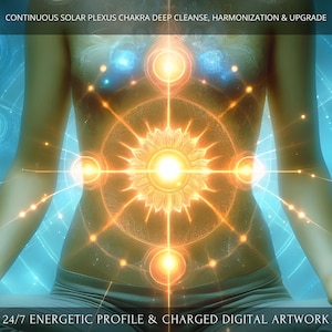 Puede incluir: Obra de arte digital que representa a una persona en posición de meditación, con un chakra del plexo solar iluminado. La imagen presenta un campo de energía dorado brillante con líneas y orbes radiantes, sobre un fondo azul. El texto en la parte superior dice "CONTINUOUS SOLAR PLEXUS CHAKRA DEEP CLEANSE, HARMONIZATION & UPGRADE".