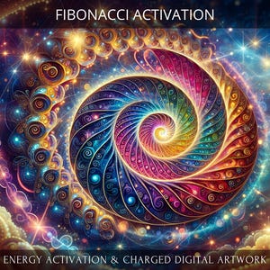 May include: Digital artwork featuring a vibrant, swirling spiral in shades of blue, purple, red, and yellow. The image includes the text "FIBONACCI ACTIVATION" and "ENERGY ACTIVATION & CHARGED DIGITAL ARTWORK". The background is a cosmic scene with stars and clouds.